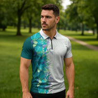 Hawaii Tropical Plant Teal Zipper Polo Shirt Vibrant Polynesian Pattern