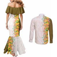 Hawaii Tropical Plant Lenalena Couples Matching Mermaid Dress and Long Sleeve Button Shirt Vibrant Polynesian Pattern