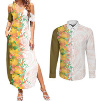 Hawaii Tropical Plant Lenalena Couples Matching Summer Maxi Dress and Long Sleeve Button Shirt Vibrant Polynesian Pattern