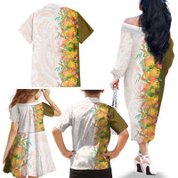 Hawaii Tropical Plant Lenalena Family Matching Off The Shoulder Long Sleeve Dress and Hawaiian Shirt Vibrant Polynesian Pattern