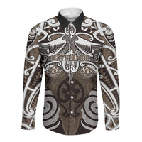 Personalised Maori Kati Mamoe Long Sleeve Button Shirt Silver Fern Kowhaiwhai Art LT01 Unisex Brown - Polynesian Pride