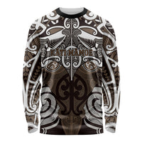 Personalised Maori Kati Mamoe Long Sleeve Shirt Silver Fern Kowhaiwhai Art LT01 Unisex Brown - Polynesian Pride