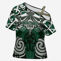 Personalised Maori Ngai Tahu Cross Shoulder Shirt Silver Fern Kowhaiwhai Art LT01 Female Green - Polynesian Pride