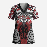 Personalised Maori Ngapuhi Scrub Top Silver Fern Kowhaiwhai Art LT01 Adult Red - Polynesian Pride