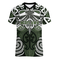 Personalised Maori Ngati Awa Women V-Neck T-Shirt Silver Fern Kowhaiwhai Art LT01 Female Green - Polynesian Pride