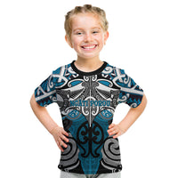 Personalised Maori Ngati Porou Kid T Shirt Silver Fern Kowhaiwhai Art LT01 Blue - Polynesian Pride