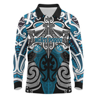 Personalised Maori Ngati Porou Long Sleeve Polo Shirt Silver Fern Kowhaiwhai Art LT01 Blue - Polynesian Pride