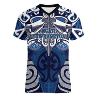 Personalised Maori Ngati Tuwharetoa Women V-Neck T-Shirt Silver Fern Kowhaiwhai Art LT01 Female Blue - Polynesian Pride