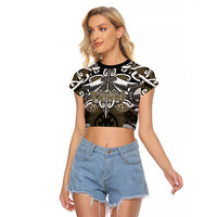 Personalised Maori Waikato Tainui Raglan Cropped T Shirt Silver Fern Kowhaiwhai Art LT01 Female Muted Gold - Polynesian Pride