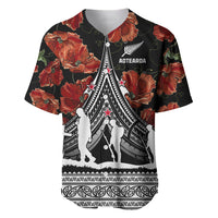 New Zealand ANZAC Day Baseball Jersey Poppy With Polynesian Pattern LT01 Black - Polynesian Pride
