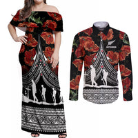 New Zealand ANZAC Day Couples Matching Off Shoulder Maxi Dress and Long Sleeve Button Shirt Poppy With Polynesian Pattern LT01 Black - Polynesian Pride