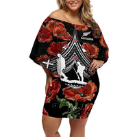 New Zealand ANZAC Day Off Shoulder Short Dress Poppy With Polynesian Pattern LT01 Women Black - Polynesian Pride