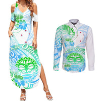 Kia Ora Maori New Zealand Pastel Couples Matching Summer Maxi Dress and Long Sleeve Button Shirt Sun Ta Moko Aqua Green Version LT01 Aqua - Polynesian Pride
