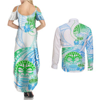 Kia Ora Maori New Zealand Pastel Couples Matching Summer Maxi Dress and Long Sleeve Button Shirt Sun Ta Moko Aqua Green Version LT01 - Polynesian Pride
