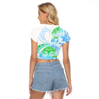 Kia Ora Maori New Zealand Pastel Raglan Cropped T Shirt Sun Ta Moko Aqua Green Version LT01 - Polynesian Pride