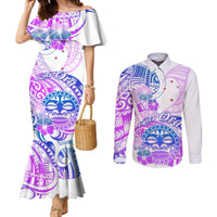 Kia Ora Maori New Zealand Pastel Couples Matching Mermaid Dress and Long Sleeve Button Shirt Sun Ta Moko Lilac Version LT01 Purple - Polynesian Pride
