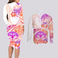 Kia Ora Maori New Zealand Pastel Couples Matching Long Sleeve Bodycon Dress and Long Sleeve Button Shirt Sun Ta Moko Sunset Version LT01 - Polynesian Pride