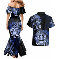 Aotearoa Kia Ora New Zealand Ta Moko Blue Version Couples Matching Mermaid Dress and Hawaiian Shirt LT01 - Polynesian Pride