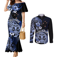 Aotearoa Kia Ora New Zealand Ta Moko Blue Version Couples Matching Mermaid Dress and Long Sleeve Button Shirt LT01 Blue - Polynesian Pride