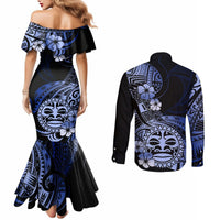 Aotearoa Kia Ora New Zealand Ta Moko Blue Version Couples Matching Mermaid Dress and Long Sleeve Button Shirt LT01 - Polynesian Pride