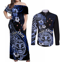 Aotearoa Kia Ora New Zealand Ta Moko Blue Version Couples Matching Off Shoulder Maxi Dress and Long Sleeve Button Shirt LT01 Blue - Polynesian Pride