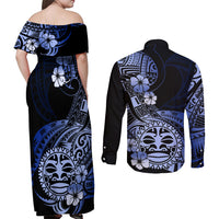 Aotearoa Kia Ora New Zealand Ta Moko Blue Version Couples Matching Off Shoulder Maxi Dress and Long Sleeve Button Shirt LT01 - Polynesian Pride