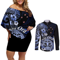 Aotearoa Kia Ora New Zealand Ta Moko Blue Version Couples Matching Off Shoulder Short Dress and Long Sleeve Button Shirt LT01 Blue - Polynesian Pride