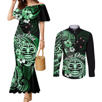 Aotearoa Kia Ora New Zealand Ta Moko Green Version Couples Matching Mermaid Dress and Long Sleeve Button Shirt LT01 Green - Polynesian Pride