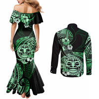Aotearoa Kia Ora New Zealand Ta Moko Green Version Couples Matching Mermaid Dress and Long Sleeve Button Shirt LT01 - Polynesian Pride