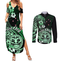 Aotearoa Kia Ora New Zealand Ta Moko Green Version Couples Matching Summer Maxi Dress and Long Sleeve Button Shirt LT01 Green - Polynesian Pride