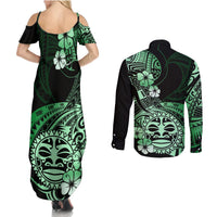 Aotearoa Kia Ora New Zealand Ta Moko Green Version Couples Matching Summer Maxi Dress and Long Sleeve Button Shirt LT01 - Polynesian Pride