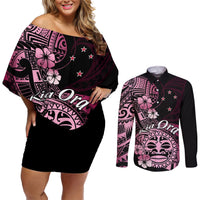 Aotearoa Kia Ora New Zealand Ta Moko Pink Version Couples Matching Off Shoulder Short Dress and Long Sleeve Button Shirt LT01 Pink - Polynesian Pride