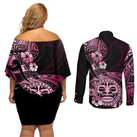Aotearoa Kia Ora New Zealand Ta Moko Pink Version Couples Matching Off Shoulder Short Dress and Long Sleeve Button Shirt LT01 - Polynesian Pride