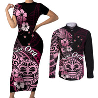 Aotearoa Kia Ora New Zealand Ta Moko Pink Version Couples Matching Short Sleeve Bodycon Dress and Long Sleeve Button Shirt LT01 Pink - Polynesian Pride
