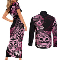 Aotearoa Kia Ora New Zealand Ta Moko Pink Version Couples Matching Short Sleeve Bodycon Dress and Long Sleeve Button Shirt LT01 - Polynesian Pride