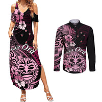 Aotearoa Kia Ora New Zealand Ta Moko Pink Version Couples Matching Summer Maxi Dress and Long Sleeve Button Shirt LT01 Pink - Polynesian Pride