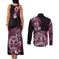Aotearoa Kia Ora New Zealand Ta Moko Pink Version Couples Matching Tank Maxi Dress and Long Sleeve Button Shirt LT01 - Polynesian Pride