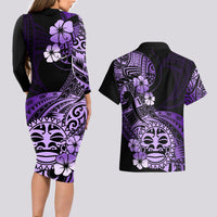 Aotearoa Kia Ora New Zealand Ta Moko Purple Version Couples Matching Long Sleeve Bodycon Dress and Hawaiian Shirt LT01 - Polynesian Pride
