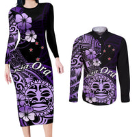 Aotearoa Kia Ora New Zealand Ta Moko Purple Version Couples Matching Long Sleeve Bodycon Dress and Long Sleeve Button Shirt LT01 Purple - Polynesian Pride