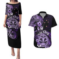 Aotearoa Kia Ora New Zealand Ta Moko Purple Version Couples Matching Puletasi Dress and Hawaiian Shirt LT01 Purple - Polynesian Pride