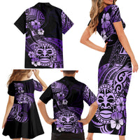Aotearoa Kia Ora New Zealand Ta Moko Purple Version Family Matching Short Sleeve Bodycon Dress and Hawaiian Shirt LT01 - Polynesian Pride