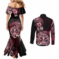 Aotearoa Kia Ora New Zealand Ta Moko Red Version Couples Matching Mermaid Dress and Long Sleeve Button Shirt LT01 - Polynesian Pride