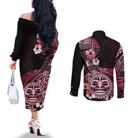 Aotearoa Kia Ora New Zealand Ta Moko Red Version Couples Matching Off The Shoulder Long Sleeve Dress and Long Sleeve Button Shirt LT01 - Polynesian Pride