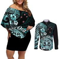 Aotearoa Kia Ora New Zealand Ta Moko Turquoise Version Couples Matching Off Shoulder Short Dress and Long Sleeve Button Shirt LT01 Turquoise - Polynesian Pride
