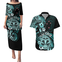 Aotearoa Kia Ora New Zealand Ta Moko Turquoise Version Couples Matching Puletasi Dress and Hawaiian Shirt LT01 Turquoise - Polynesian Pride