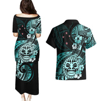 Aotearoa Kia Ora New Zealand Ta Moko Turquoise Version Couples Matching Puletasi Dress and Hawaiian Shirt LT01 - Polynesian Pride