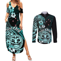 Aotearoa Kia Ora New Zealand Ta Moko Turquoise Version Couples Matching Summer Maxi Dress and Long Sleeve Button Shirt LT01 Turquoise - Polynesian Pride