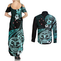 Aotearoa Kia Ora New Zealand Ta Moko Turquoise Version Couples Matching Summer Maxi Dress and Long Sleeve Button Shirt LT01 - Polynesian Pride
