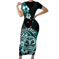Aotearoa Kia Ora New Zealand Ta Moko Turquoise Version Family Matching Short Sleeve Bodycon Dress and Hawaiian Shirt LT01 Mom's Dress Turquoise - Polynesian Pride