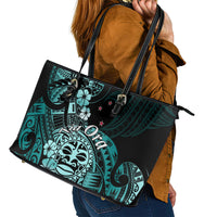 Aotearoa Kia Ora New Zealand Ta Moko Turquoise Version Leather Tote Bag LT01 - Polynesian Pride